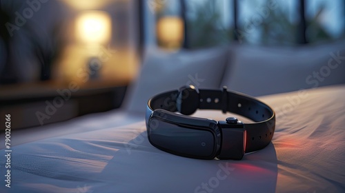 Modern smart watch on the bed in the bedroom.