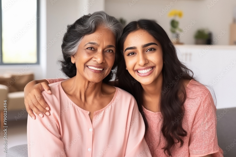 Happy indian elderly mom and young daughter hugging together