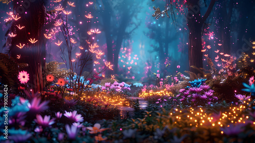 Neon fairy tale forest with luminous flowers, mystery path in dark magical woods, glowing plants and lights in wonderland. Concept of fantasy night, beauty, nature, landscape, art