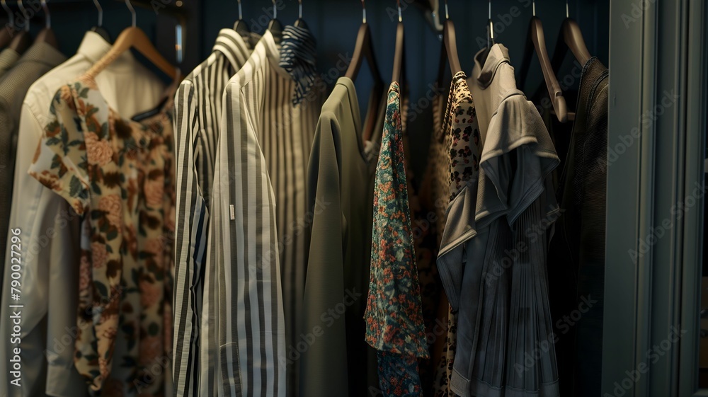 Naklejka premium A pristine closet scene featuring a row of perfectly hung garments on hangers