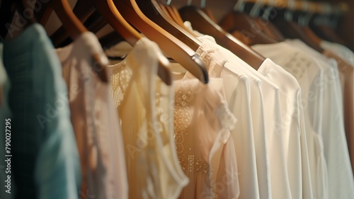 A pristine closet scene featuring a row of perfectly hung garments on hangers