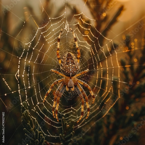 A detailed macro shot of a spider weaving its web in the early morning, showcasing the intricacy of natures designs