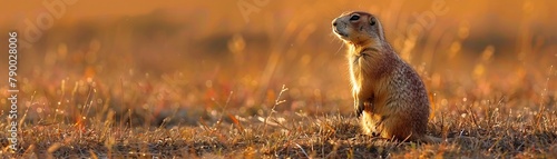 A vigilant prairie dog standing upright on a grassy knoll, on the lookout for danger, a symbol of alertness photo