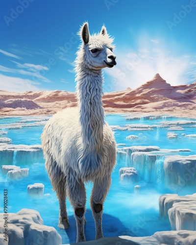 A llama explores a serene landscape of sapphire geysers  seeking fresh water investment tips from a fathomless archive  