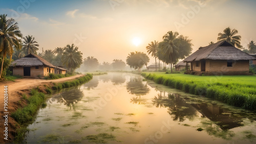 Backwater in rural village at sunrise 