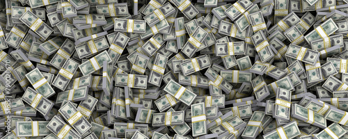 Money Pile of packs of hundred dollar bills stacks 3d render top view