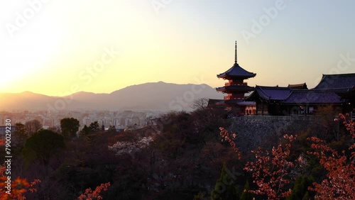 Kiyomizu temple at sunset in Kyoto, Japan. photo