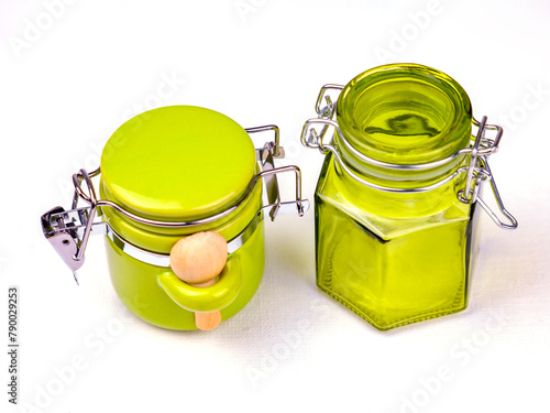 Beautiful containers for spices, oil and vinegar on the table
