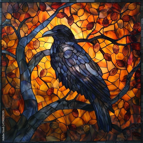 stained glass raven perched on the autumn tree branch. 