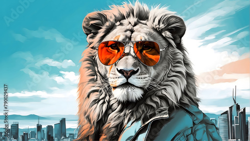 Grayscale Lion wearing aviator sunglasses and visible against the backdrop of big cityscape in duotone, grayscale colorized illustration AI generative
