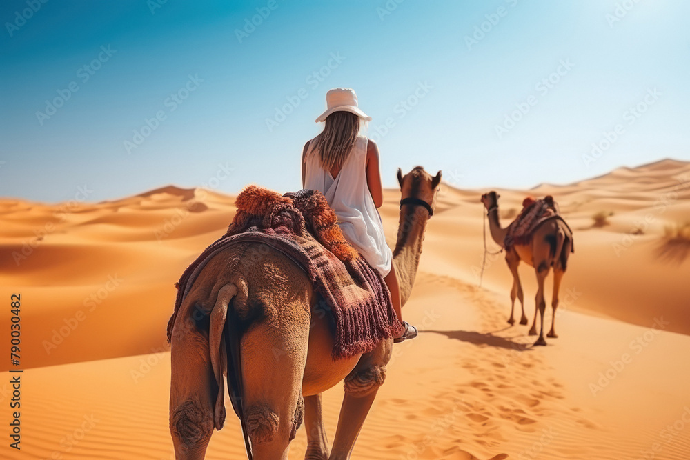 Fototapeta premium young woman having fun and enjoying with camel ride