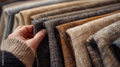 Close-Up Of a Hand Selecting Textured Wool Fabric Samples In Neutral Tones. Luxury and Elegance for Bespoke Clothing, Various Weaves And Materials, AI Generated
