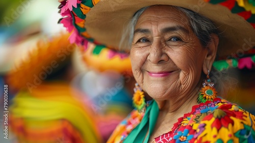 Portrait of a senior Mexican woman smiling joyfully, dressed in a large sombrero and vibrant traditional Mexican dress with colorful floral embroidery. Cinco de Mayo. AI Generated