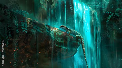 A gecko with tropical colors clinging to the side of an otherworldly. glowing teal and turquoise waterfall.  photo