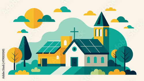 A church utilizing solar energy to power its facilities and redistribute excess energy to nearby homes promoting a sense of community and