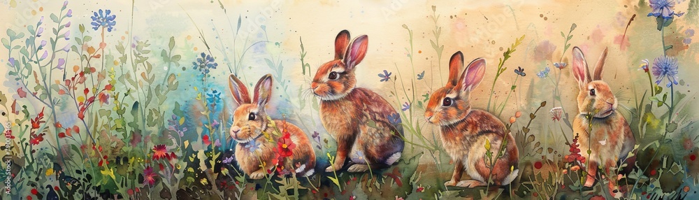Fototapeta premium A watercolor painting of Amongst the tall grass, a family of rabbits gathers for a picnic, water color style