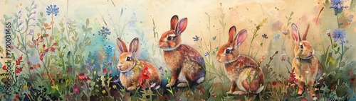 A watercolor painting of Amongst the tall grass, a family of rabbits gathers for a picnic, water color style photo