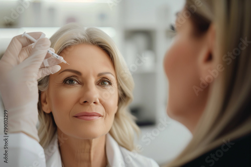 Mature woman receiving a botox injection in a sleek, modern clinic setting