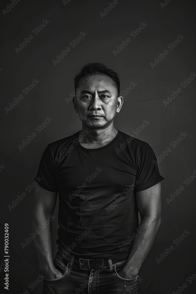 a realistic soft black and white studio portrait shoot of a 40 year old indonesian man against a black backdrop from the waist up a realistic soft black and white studio portrait shoot of a 40 year old indonesian man against a black backdrop from the waist up