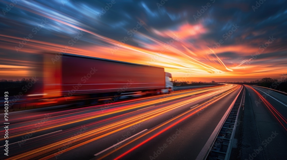 A long truck is driving on the highway, with motion blur and speed lines in the style of red color. A long truck is driving on the highway, with motion blur and speed lines in the style of red color.