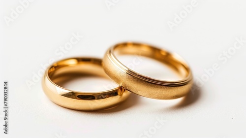 Two golden wedding rings isolated on white, wedding rings background concept.