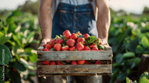 A farmer holds a box of ripe strawberries during the summer harvest. Summer symbol