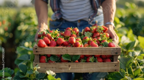 A farmer holds a box of ripe strawberries during the summer harvest. Summer symbol