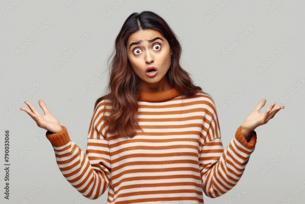 young woman with confused expression with arms and hands raised young woman with confused expression with arms and hands raised