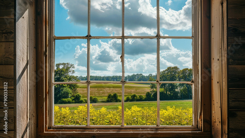 farm window field, cloud on blue sky, field landscape 