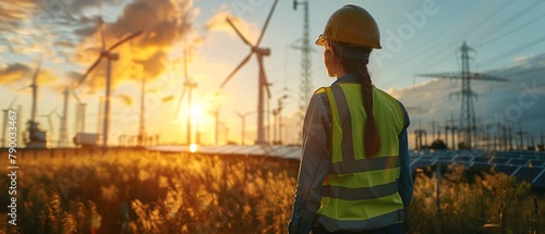 Engineers working on renewable energy projects, using wind and solar power to illustrate innovation in sustainability, stock photo