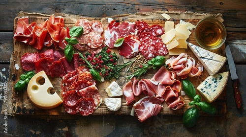 Italian Antipasti Map Meats and Cheeses Arranged on Rustic Map photo