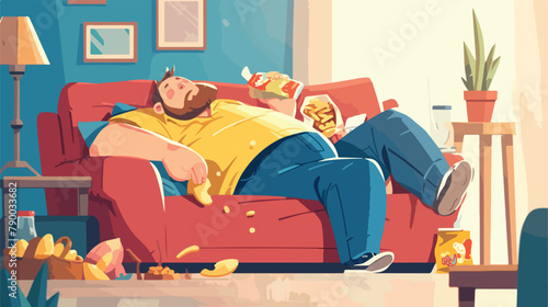A fat man lying on the sofa and eating snacks. 2d f