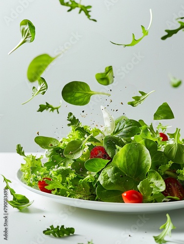 Salad Symphony Leaves Fluttering Down onto Plate with Natural Grace