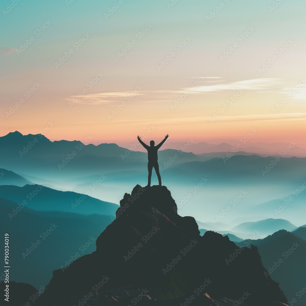 A person stands on a mountain peak, arms raised in victory against a stunning sunrise backdrop.