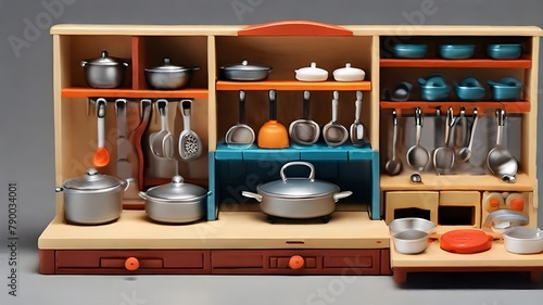 A miniature kitchen playset equipped with pots, pans, and utensils for little chefs to whip up imaginary meals -

