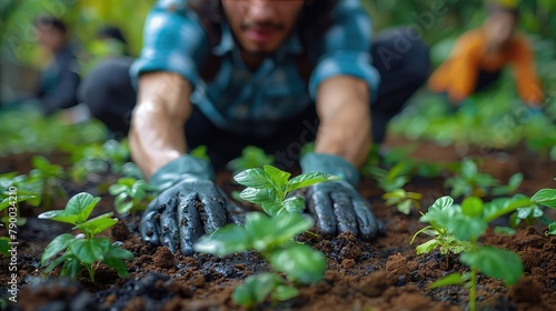 Close up of hands planting weeding and thinning plants