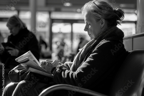 Timeless capture of a poised Swedish woman sitting comfortably in a waiting area, immersed in her travel plans.