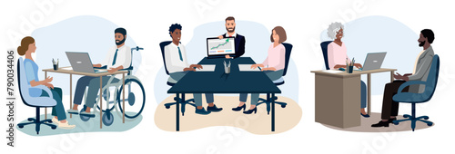 A business meeting. Business men and women conference and discuss profit, business ideas and development strategy. Set of vector business illustrations in flat style.