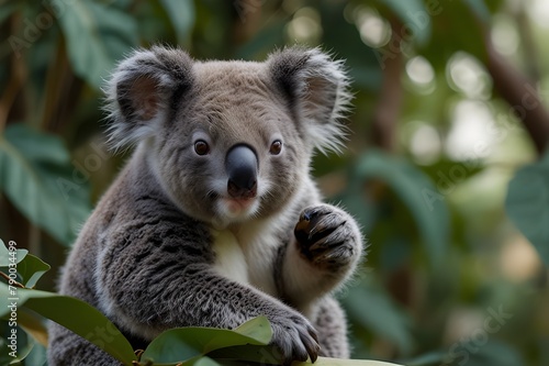 A koala sitting in a eucalyptus tree with dappled sunshine falling all around it.koala portrait in a jungle photograph Koalas in trees  sound asleep. The idea of World Sleeping Day is conveyed in a ca