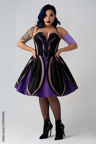 PIRPLE AND BLACK knee length sleeveless dress for full figure of FULL BODY women,  photo