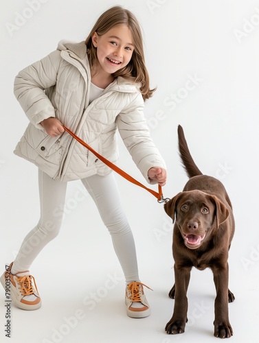 A joyful young girl in a white coat playing with her happy brown Labrador on a leash against a white background