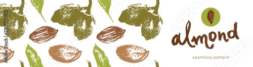 Almond banner background or label template design. Organic almond pattern with almond nuts crayon drawings. Almonds packaging or marzipan paste tag design. Vector botanical background.