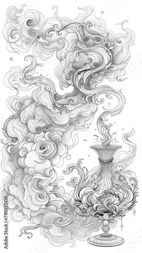 Fantasy Creatures: A coloring book page featuring a magical genie emerging from a lamp