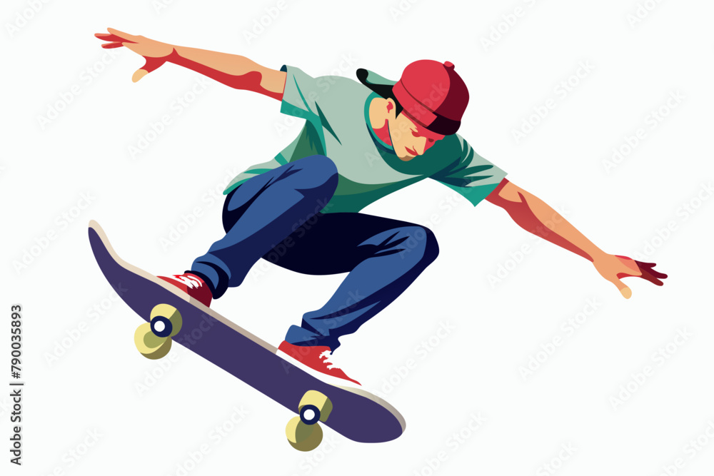 Skateboarder doing a kickflip white background Skateboarder doing a kickflip white background