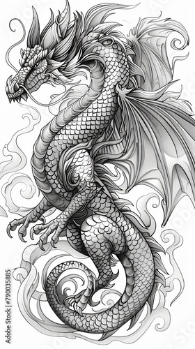 Fantasy elements: A whimsical dragon, ready to be colored in with scales and fiery breath © MAY