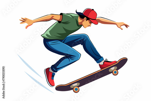 Skateboarder doing a kickflip white background