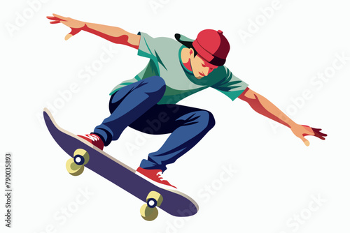 Skateboarder doing a kickflip white background