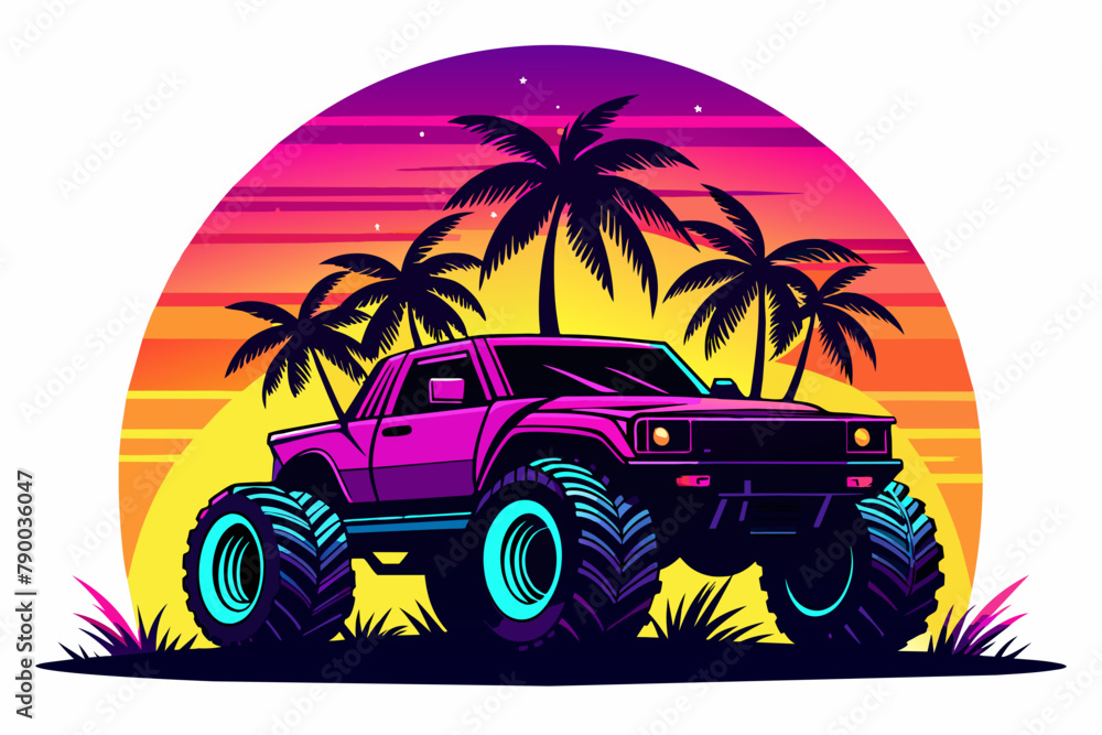 Vector art of synthase 4WD Monster Truck with pal trees and sunset, white background