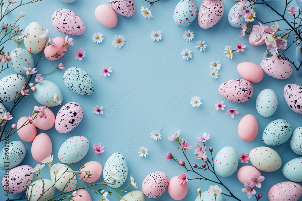 Pastel Easter Eggs and Spring Blossoms