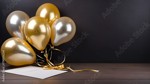 Golden and silver balloons with envelope on black background with copy space.